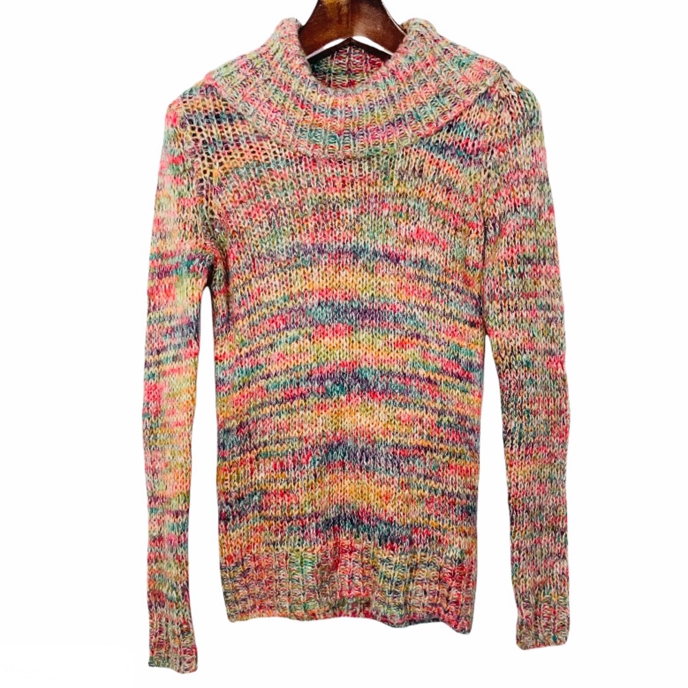 Divided Multicolor Cowl Neck Sweater - Pink, Yellow, Green, Blue